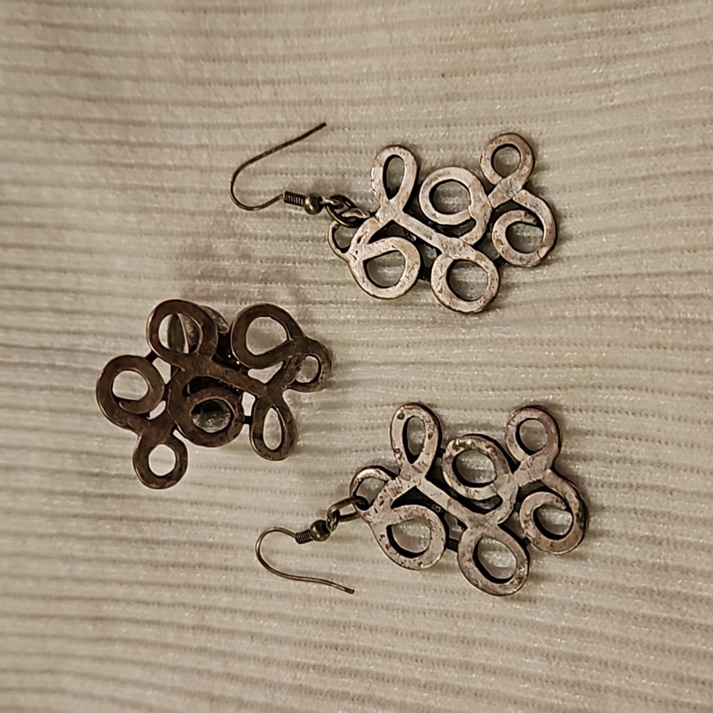 Handmade silver Anatolian abstract swirl drop earrings and adjustable ring set